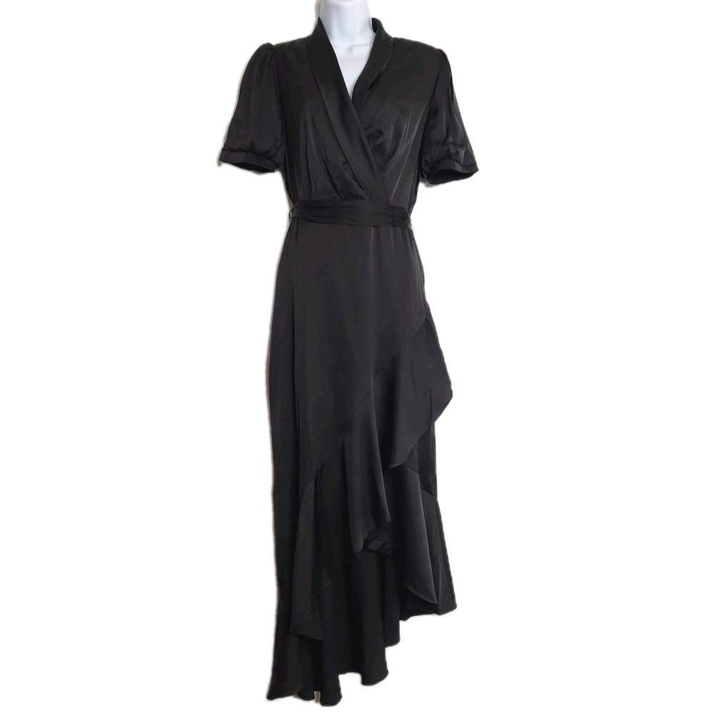 NEW Nine West Wrap Midi Dress Size XS Black Satin Puff Sleeve Ruffle Hem NWT